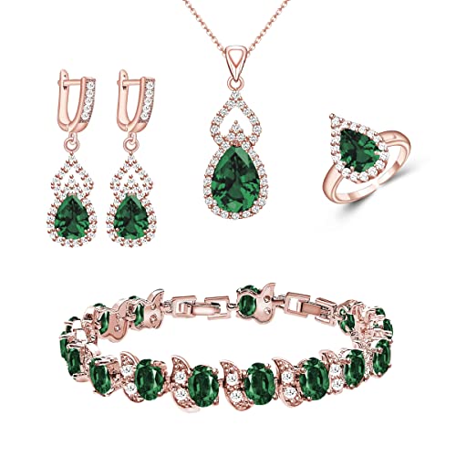 LMXXVJ Women Jewelry Set Platinum Plated Necklace Open Ring Earrings Bracelet Set,Birthday/Anniversary Mother’s Day Jewelry Gifts for Mom/Wife/Sister/Best Friend - color: Rose Gold-Green