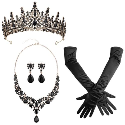 Tondiamo Bridal Jewelry Accessories Set Wedding Crystal Tiaras Crown Teardrop Necklace Earrings Satin Gloves for Women Queen Princess Birthday Prom Pageant Wedding Party - color: Black