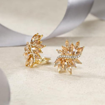 EVER FAITH Sparkly Rhinestone Clip-on Earrings for Women Bride, Fashion Marquise Crystal Cluster Wedding Bridal Stud Earring for Prom Formal Party - color: Champagne Gold-Tone