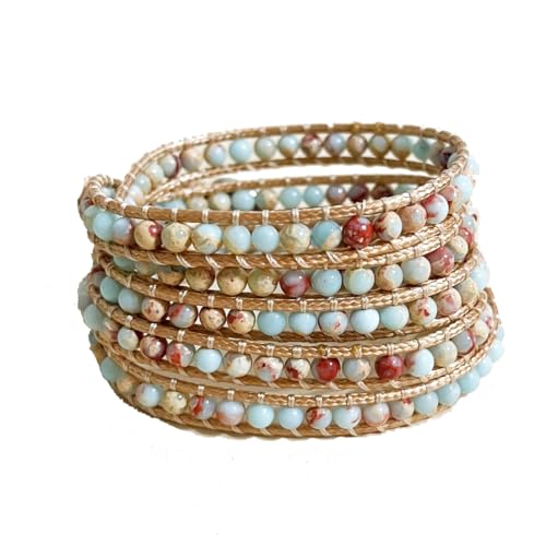 YGLINE Natural Stone Wrap Bracelet for Women Boho Bracelets Healing Crystal Beaded Bracelet Adjustable 3/5 Wraps Bracelet Handmade Birthday Gifts for Women - color: agalmatolite