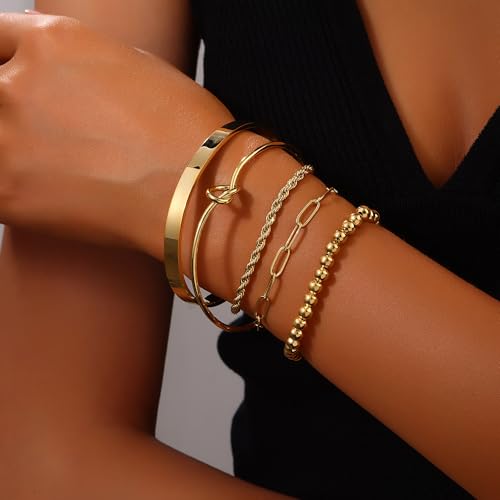 Gold Bangle Bracelets for Women Non Tarnish, 18k Gold Bracelet Stack Layered Chunky Cuff Bracelet Knot Cross Bowknot Bracelets Trendy Jewelry Set for Women Gifts - color: S02