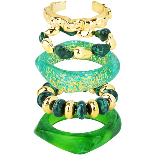 Acrylic Resin Bangle Bracelets for Women | Chunky Boho Stackable Geometric & Marbled Statement Jewelry | Lightweight Everyday Gift Set - color: Green