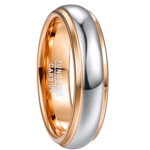 NUNCAD Men Women Tungsten Wedding Engagement Band | 4/6/8mm Two-tone Gold Silver, Domed Polished Step Edges, sizes 5-12 Wedding Band - color: 6mm-Rose Gold & Silver