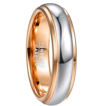 NUNCAD Men Women Tungsten Wedding Engagement Band | 4/6/8mm Two-tone Gold Silver, Domed Polished Step Edges, sizes 5-12 Wedding Band - color: 6mm-Rose Gold & Silver