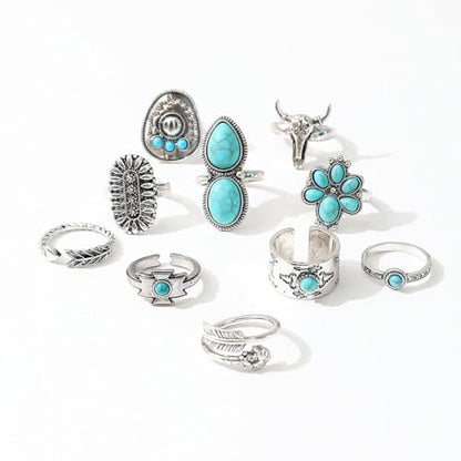 Airvess Vintage Knuckle Rings Set, Chunky Turquoise Stackable Rings, Silver Joint Finger Stacking Rings, Bohemian Western Jewelry for Women - style: 10 Pcs