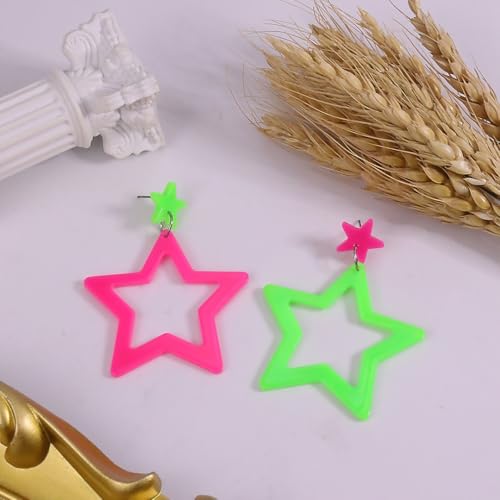 Colorful 80s 90s Neon Star Earrings for Women Retro Glow Party Costume 80s 90s Acrylic Dangle Earrings Outfit - style: Exchange Green and Hot Pink
