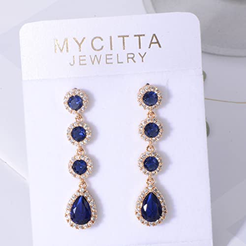 Women's Cubic Zirconia Bridal Earrings - Elegant Long Wedding Party Prom Earring for Bride Bridesmaids Crystal CZ Rhinestone Chandelier Statement Dangle Drop Earrings for girls - color: Blue-gold