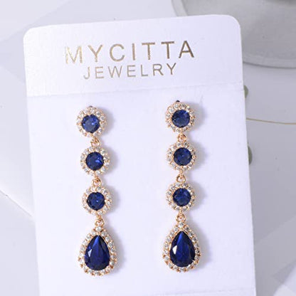 Women's Cubic Zirconia Bridal Earrings - Elegant Long Wedding Party Prom Earring for Bride Bridesmaids Crystal CZ Rhinestone Chandelier Statement Dangle Drop Earrings for girls - color: Blue-gold