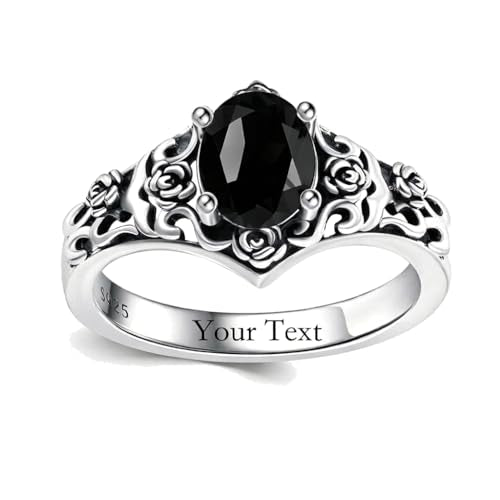 1 CT Oval Cut Gemstone Vintage Filigree Ring 925 Sterling Silver Retro Rose Teardrop Birthstone Statement Ring Anniversary Jewelry Gifts for Women Ring Size 4-13 - color: Black Onyx