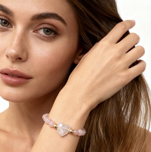 Heart Crystal Bracelet,Natural Gemstone Healing Bead Bracelet | Handmade Jewelry Gifts for Women Men,Graduation Gift for Her - color: Pink Quartz Bracelet