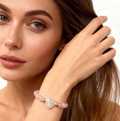 Heart Crystal Bracelet,Natural Gemstone Healing Bead Bracelet | Handmade Jewelry Gifts for Women Men,Graduation Gift for Her - color: Pink Quartz Bracelet