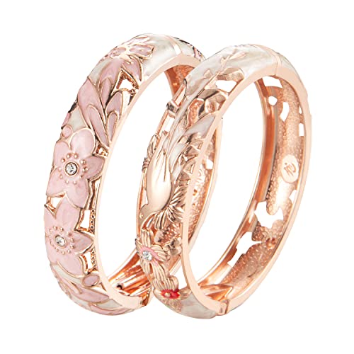 UJOY Handcraft Cloisonne Jewelry Bracelet Colorful Enamel Butterfly Flower Bird Hollowed Spring Hinged Cuff Bangles Women Gifts Pack in Box 88A11 - color: A11/A31-2 PCS-Cream Pink