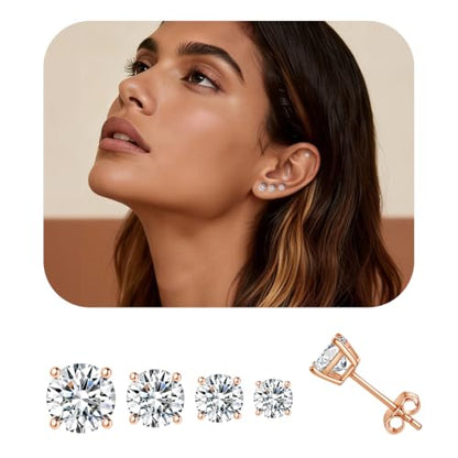 Gold Stud Earring Set for Women Men, Round CZ Earrings Hypoallergenic | 925 Silver Post , 4 Holes Small Studs Earrings Multiple Piercing Cartilage Tragus Trendy Post Cute Earrings Stacks Jewelry - color: Rose gold