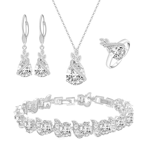 LMXXVJ Jewelry Set for Women,Teardrop Cubic Zirconia Necklace Earrings Adjustable Ring Bracelet Jewelry Set Formal Jewelry Gift - color: SYSD-White Gold-White