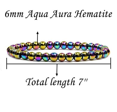 Angelstones Gemstones 6mm Round Beads Healing Crystal Bracelet for women | Natural Gemstone, Handmade Gifts for Women, Healing Crystal Round Beaded Stretch Bracelets, Unisex Jewelry for Women and Men - color: Aqua Aura Hematite
