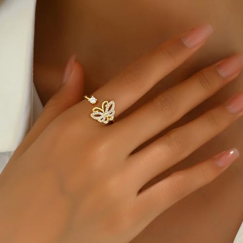 Adjustable Rings for Women 18K Gold Plated daisy Flower Butterfly Ball Cubic Zirconia Rings Dainty Open Stacking Ring - color: Butterfly-Gold