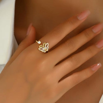 Adjustable Rings for Women 18K Gold Plated daisy Flower Butterfly Ball Cubic Zirconia Rings Dainty Open Stacking Ring - color: Butterfly-Gold