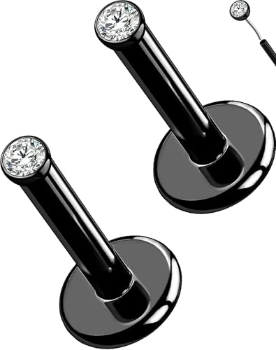OUFER 2Pcs 20G/18G/16G G23 Titanium Threadless Nose Stud Earrings Flat Back Tiny CZ Small Nose Helix Cartilage Tragus Conch Labret Medusa Monroe Piercing Jewelry for Women Men - color: Black, size: 2pcs, 16g 5mm, 1.5mm cz