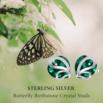 Butterfly Heart Birthstone Crystal Stud Earrings for Women S925 Sterling Silver Heart Birthstone Studs Birthday Gifts for Wife Mother Daughter Girlfriend Mom - color: 05-May