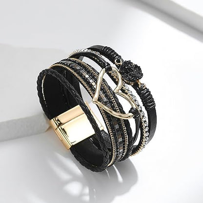Fesciory Leather Wrap Bracelet for Women, Boho Western Layered Cuff Jewelry | Stackable Bracelets, Easy-On Clasp, Daily Wear, Pairs with Boho Western Outfits, Gift for Women - color: Black1