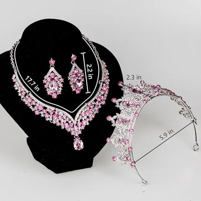 Crowns and Tiaras jewelry sets for Wedding princess birthday party Halloween Prom Pageant Jewelry for Women Crystal Bridal Jewelry Set for women - color: Silver Pink