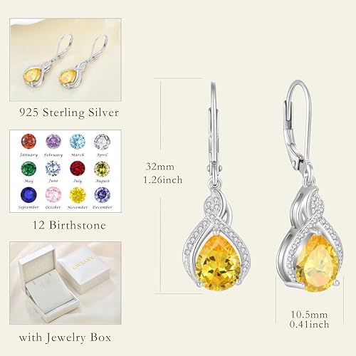 925 Sterling Silver Infinity Teardrop Earrings for Women | Lwsary Dangle Drop Leverback Earrings, Pear Shaped Birthstone Jewelry for Her - color: Yellow