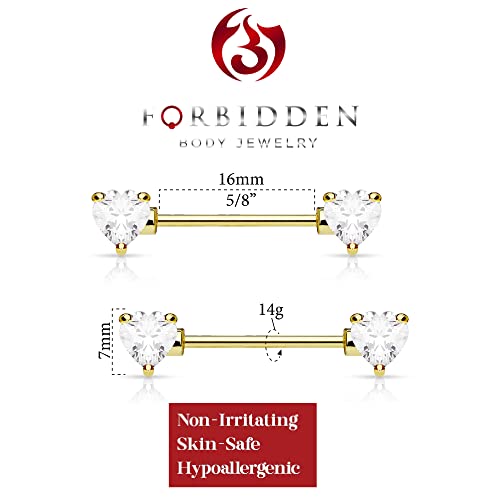 Forbidden Body Jewelry Pair of Surgical Steel 1/2-5/8 Inch (12-16mm) Cubic Zirconia Crystal Double Heart Nipple Barbells - style: Clear (Gold Tone)
