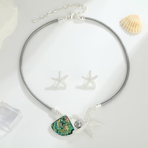 Chunky Statement Jewelry Set Blue Ocean Seashell Choker Necklaces Earrings Set for Women Pearl Bib Collar Necklaces for Party Prom Pageant Summer Fashion Jewelry Unique Birthday Gift - style: starfish abalone shell JS silver grey