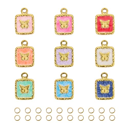 9PCS Colorful Enamel Charm for Jewelry Making Gold Plated Stainless Steel Butterfly Charms Pendants Bulk - color: Square Butterfly