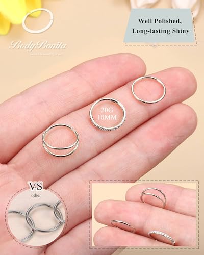 BodyBonita 3pcs Nose Rings Hoops - Double Hoop Nose Ring 14/16/18/20G Hinged CZ Piercing Jewelry Septum Clicker Rings Cartilage Earring Helix Rook Tragus Daith 7mm/8mm/9mm/10mm - color: Silver, size: 20 gauge(0.8mm)-10mm