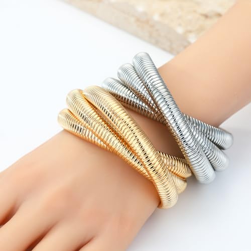 Gold Chunky Stretch Snake Chain Bangle Bracelets Stack for Women Trendy, 18K Gold Filled Stainless Steel Stretchy Womens Stackable Wristband Bangles Bracelet Set - style: TWISTED 2PCS Gold-plated&SILVER