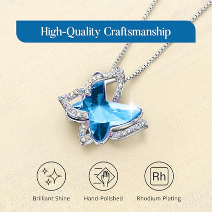 Butterfly Necklace, Birthstone Crystal, for Women, Silver Tone Pendant Jewelry, Anniversary Birthday Gift for Her, Wife & Mom, 18"+2" - color: 09-September Birthstone - Bermuda Sapphire Blue Crystal