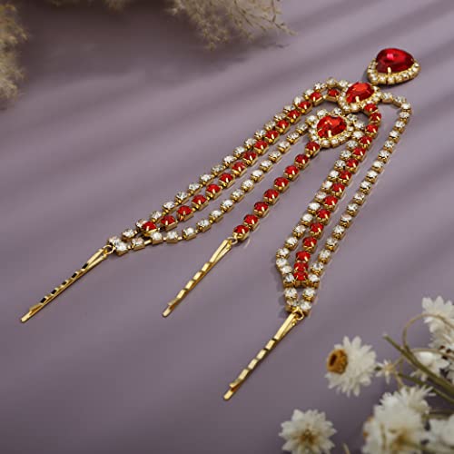 Bohemian Full Rhinestone Chain Red Crystal Head Chain Clip Drop Pendant HeadPieces Forehead Headband Hair Accessories for Wedding Brides Party Prom Costume (Gold Red) - color: Gold Red