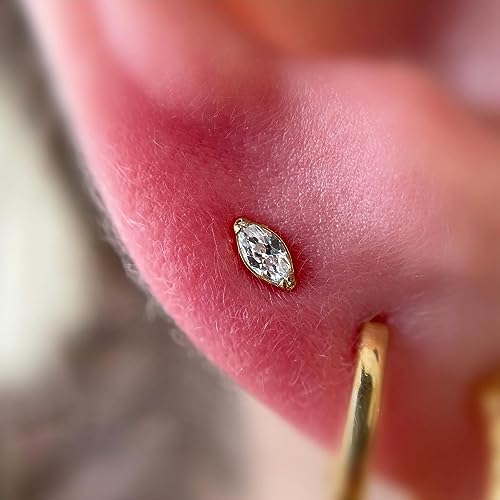 1PC Tragus Conch Helix Flat Labret Piercing Jewelry 16G 6mm 8mm - ASTM F136 Titanium Cartilage Earring Flatback Stud, Implant Grade Internally Threaded Hypoallergenic Body Jewelry (Clear CZ) - color: Clear Marquise CZ - Gold