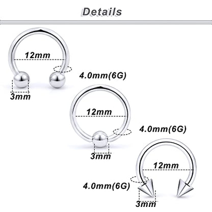 00G 0G 2G 4G 6G 8G 10G 12G 14G 16G Septum Rings Silver Black Surgical Steel Heavy Gauges Earrings Stretching kit Eyebrow Lip Septm Nose Rings Helix Tragus Daith Rook Earrings Hoops 10mm-19mm - color: Silver, size: 4G(5.0mm)-Inner Dia:12mm