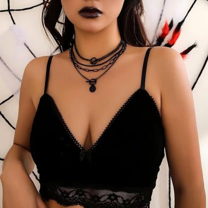 4 Pcs Black Necklace,Star Necklace Layered Necklaces for Women Goth Emo Jewelry Gothic Necklaces for Women - color: black coin