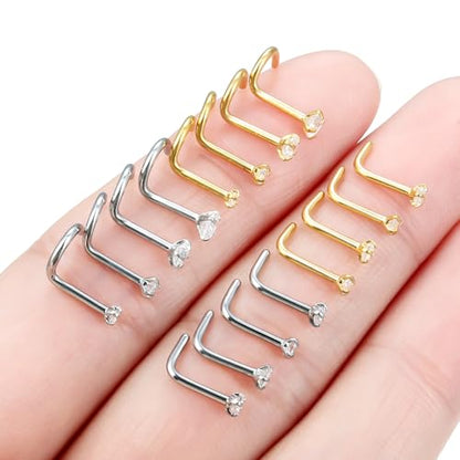 Hoeudjo Nose Studs Surgical Steel Nose Rings Studs 18G 20G 22G Cubic Zirconia 1.5mm 2mm 2.5mm 3mm Hypoallergenic Nostril Ring Screw & L-Shaped Nostril Piercing Jewelry for Women Men - color: silvertone+goldtone, size: 18g
