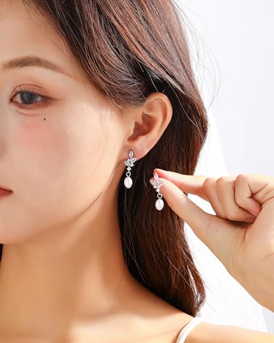 Pearl Earrings for Women, 14k Gold Plated Trendy Diamond Pearl Drop Earrings Bridal Shower Gifts Wedding jewelry for Women - color: Style B Silver