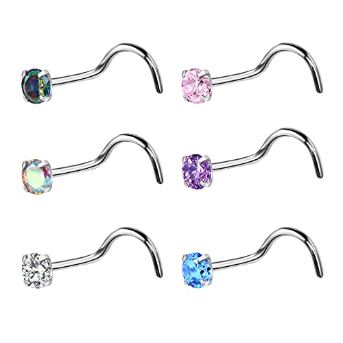 BelezaDosas 6pcs G23 Titanium Nose Studs 18G 20G Screw Nose Ring Press Fit 2mm 2.5mm 3mm Piercing Jewelry for Sensitive Skin - style: 20G 3.0mm Claw CZ 6PCS