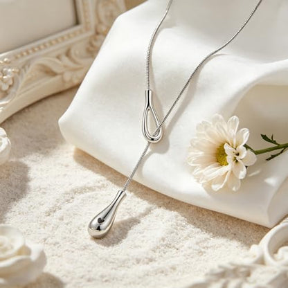 Adjustable Waterdrop Pendant Y Necklace for Women Snake Chain Sliding Pendant Layered Choker for Daily Wear - color: Silver