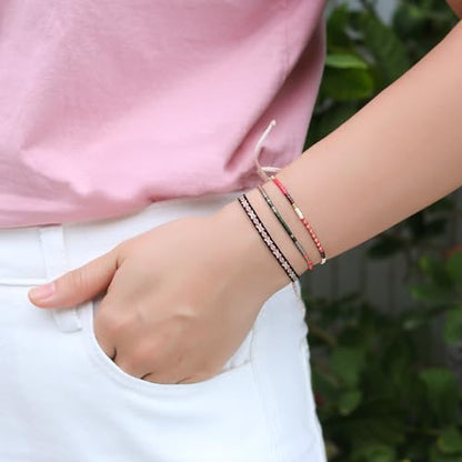 KELITCH Women Friendship Bracelet Seed Beads Miyuki Thin Strand Bracelets Adjustable Boho Jewelry - color: Red 88K