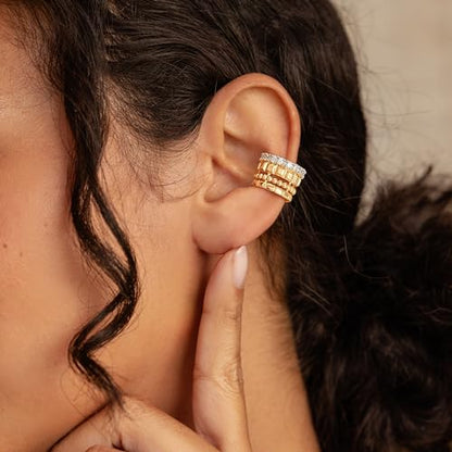 Sparkle Ear Cuff for Women, Non Piercing Single | 14K Gold Plated Brass, Clear Cubic Zirconia Accents, Fixed 3.8-3.9 mm Opening, Single Non-Piercing Cuff For Ear Stacks - style: Cubes Beaded