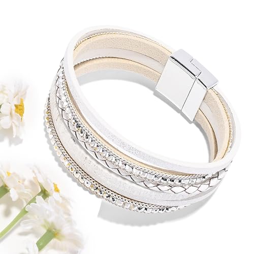 VIBILIA Boho Leather Wrap Bracelets for Women Multi-Layer Bracelets | With Strong Clasp Jewelry for Women - color: 03-BohoBraid-White