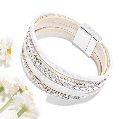 VIBILIA Boho Leather Wrap Bracelets for Women Multi-Layer Bracelets | With Strong Clasp Jewelry for Women - color: 03-BohoBraid-White