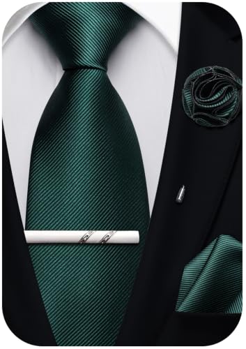 Solid Color Tie and Pocket Square with Tie Clip Lapel Pin Silk Formal Necktie Set Wedding Formal - color: Dark Green