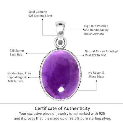 Chunky Natural Gemstone Pendant Necklace For Women Onyx, Turquoise, Amber, Garnet Oval Boho Genuine 925 Sterling Silver Handmade Jewelry - color: Amethyst