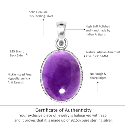 Chunky Natural Gemstone Pendant Necklace For Women Onyx, Turquoise, Amber, Garnet Oval Boho Genuine 925 Sterling Silver Handmade Jewelry - color: Amethyst