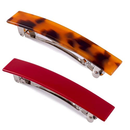 2 Pack French Design Hair Barrettes Tortoise Shell Acetate Celluloid Rectangle Hair Clips for Women - color: Tortoise+Red