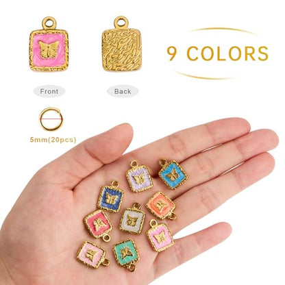 9PCS Colorful Enamel Charm for Jewelry Making Gold Plated Stainless Steel Butterfly Charms Pendants Bulk - color: Square Butterfly