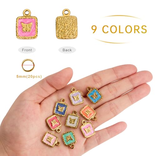 9PCS Colorful Enamel Charm for Jewelry Making Gold Plated Stainless Steel Butterfly Charms Pendants Bulk - color: Square Butterfly